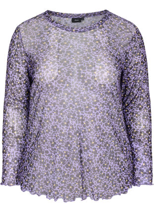 Blommig blus i mesh med kroppsnära passform, Purple AOP, Packshot image number 0
