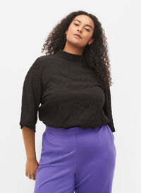 Blus med hög hals och 3/4-ärmar, Black, Model