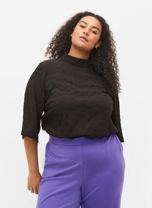Blus med hög hals och 3/4-ärmar, Black, Model image number 0