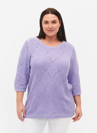 Stickad topp med 3/4-ärmar och hålmönster, Lavender, Model