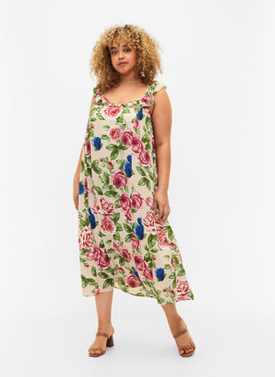 Blommig midiklänning med volanger, Bright Flower , Model image number 0