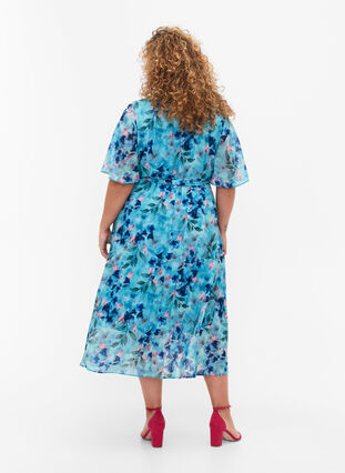 Blommig omlottklänning med korta ärmar, Trellis AOP, Model image number 0