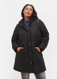 Vadderad täckjacka med fleecefoder och avtagbar huva, Black, Model