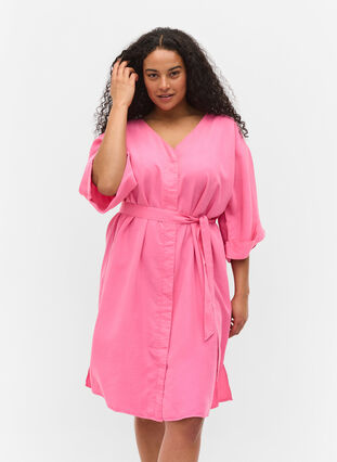 Klänning med 3/4-ärmar och knytband, Shocking Pink, Model image number 0