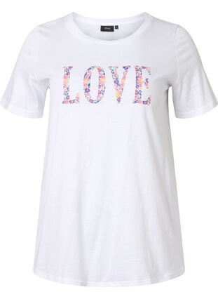 T-shirt i bomull med rund hals och tryck, Bright White W. Love, Packshot image number 0