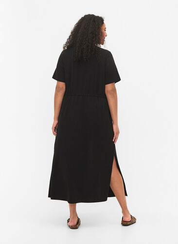 Midiklänning i bomull med korta ärmar, Black Solid, Model image number 1