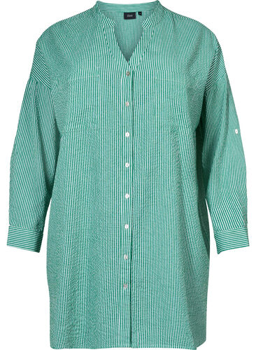 Randig bomullsskjorta med 3/4-ärmar, Jolly Green Stripe, Packshot image number 0