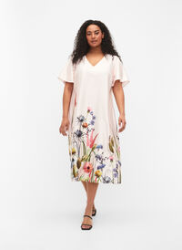 Midiklänning med blommönster och korta ärmar, White Sand, Model