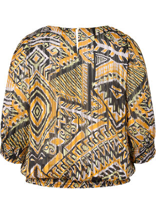 Mönstrad blus med smock och 3/4-ärmar, Yellow Aztec AOP, Packshot image number 1