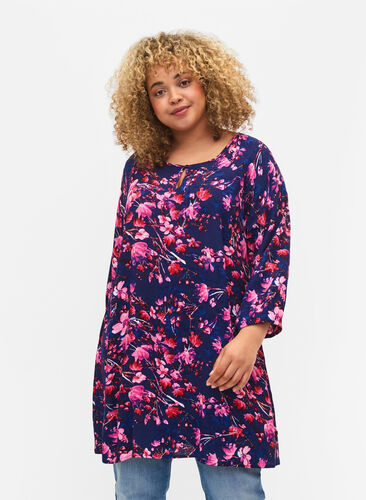 Tunika i viskos med 3/4-ärmar, B. Blue/Pink Flower, Model image number 0