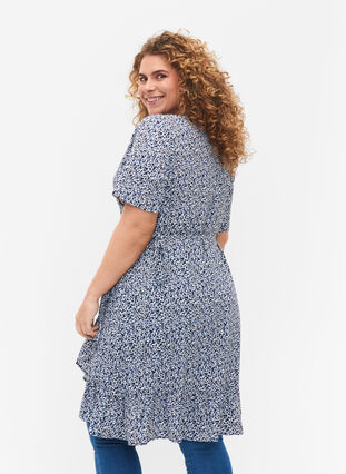 Blommig omlottklänning med korta ärmar, Petit Blue Flower, Model image number 1