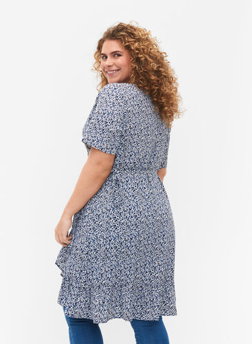 Blommig omlottklänning med korta ärmar, Petit Blue Flower, Model image number 1