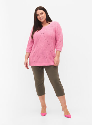 Stickad topp med 3/4-ärmar och hålmönster, Begonia Pink, Model image number 3