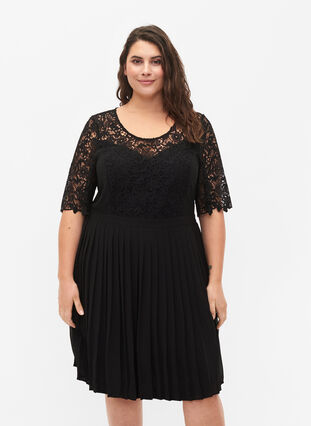 Kortärmad klänning med spets, Black, Model image number 0