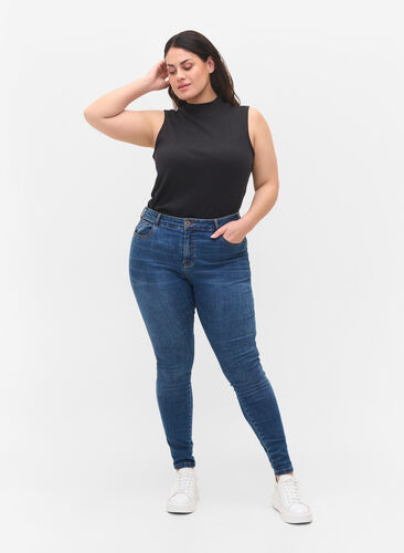 Ribbstickad topp i bomull med hög halsringning, Black, Model image number 1