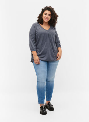 Melerad v-ringad blus, Navy Blazer Mélange, Model image number 2