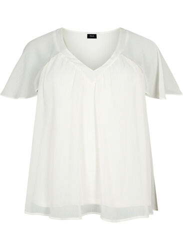Enfärgad blus med fladdermusärmar och V-ringad hals, Warm Off-white, Packshot image number 0