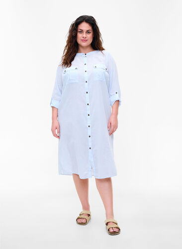 Lång skjortklänning i randigt bomullstyg, Blue Stripe, Model image number 0
