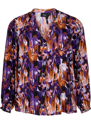 Långärmad viskosblus med tryck, Pansy AOP, Packshot image number 0