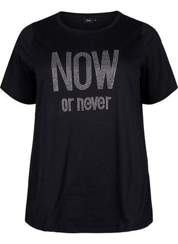 T-shirt med nitar i ekologisk bomull, Black NOW or never, Packshot image number 0