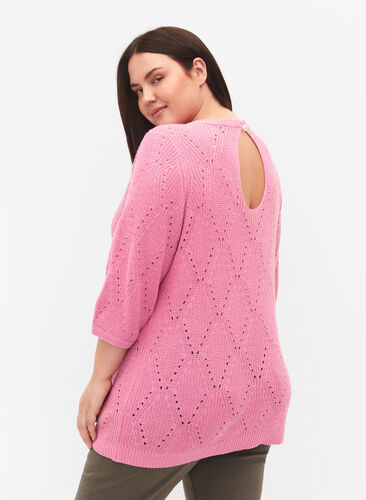 Stickad topp med 3/4-ärmar och hålmönster, Begonia Pink, Model image number 1