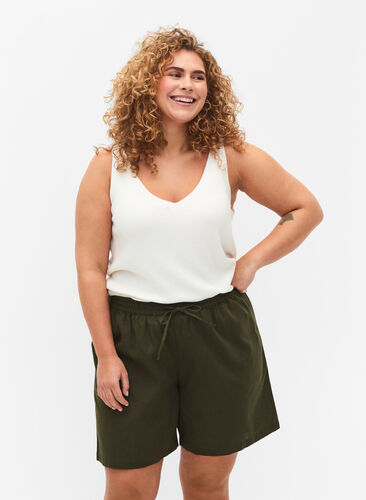 Lösa shorts i bomullsblandning med linne, Forest Night, Model image number 0