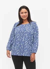 Blus med puffärm, White/Blue Ditsy, Model