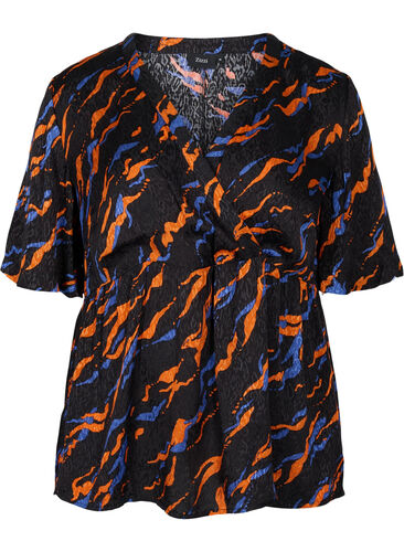 Kortärmad blus i viskos med tryck, Black Tiger AOP, Packshot image number 0