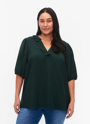 Blus i viskos med puffärm och volanger, Scarab, Model image number 0