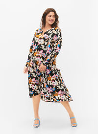 Midi-klänning med långa ärmar, Black Multi Flower, Model