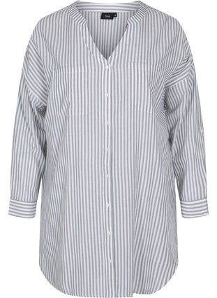 Randig tunika med V-ringad hals och knappar, Balsam Green Stripe, Packshot image number 0