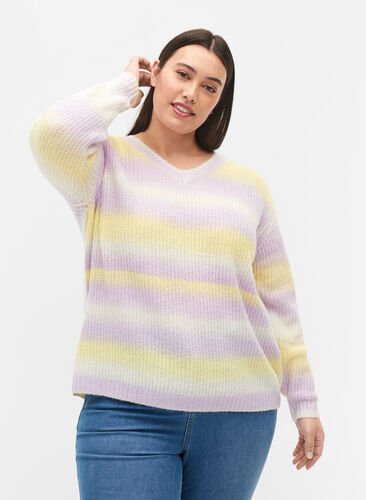 Randig tröja med v-ringning, Lavender Comb., Model image number 0