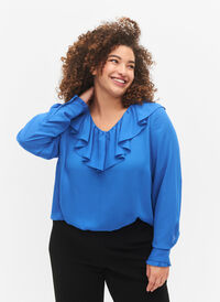 Långärmad blus med volang, Strong Blue, Model
