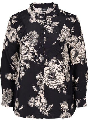 Blommig viskosskjorta med volanger, Black White AOP, Packshot image number 0