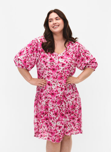 A-linjeskuren blommig klänning i viskos, Pink Flower Rain, Model image number 0