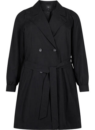 Trenchcoat med bälte och fickor, Black, Packshot image number 0