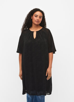 Klänning med struktur och korta ärmar, Black, Model image number 0
