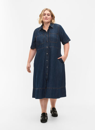 Skjortklänning i denim med korta ärmar, Dark blue denim, Model image number 0