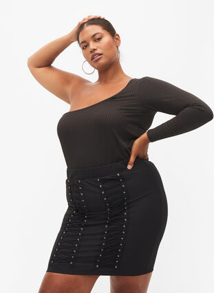 Kroppsnära kjol med snörning, Black, Model image number 2
