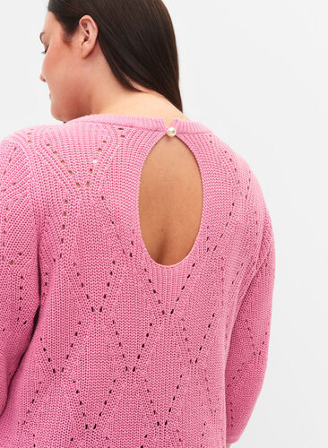 Stickad topp med 3/4-ärmar och hålmönster, Begonia Pink, Model image number 2