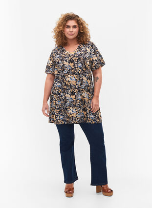 FLASH - V-ringad tunika med tryck , Brown Blue Flower, Model image number 2