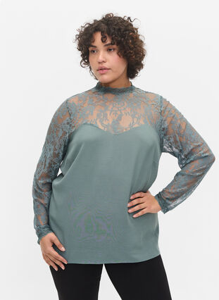 Långärmad viskosblus med spets, Balsam Green, Model image number 0