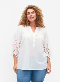 Skjortblus med broderie anglaise och 3/4-ärmar, Bright White, Model