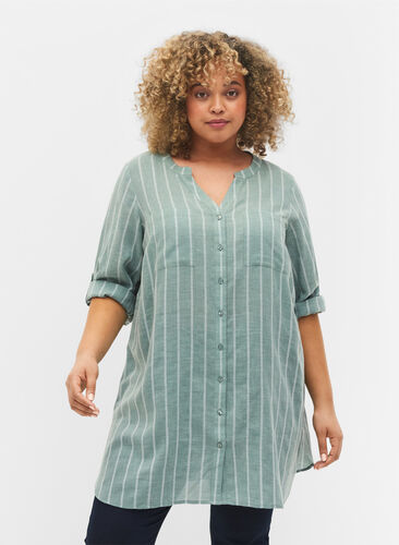 Randig skjorta med V-ringad hals, Balsam Green Stripe, Model image number 0