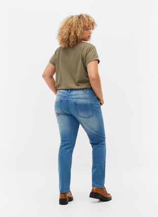Emily jeans med slitningar och normal midjehöjd, Blue denim, Model image number 1