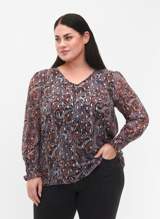 Paisleyblus med långa ärmar och v-ringad, Blue Paisley AOP, Model image number 0