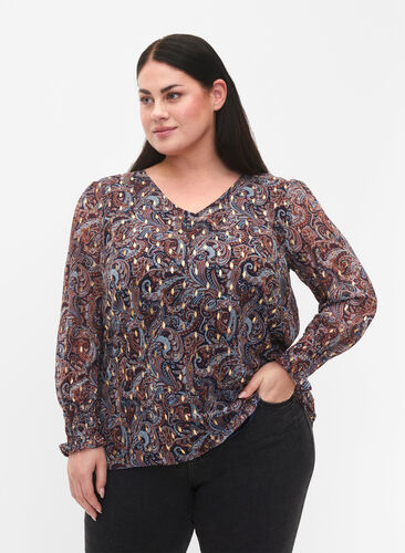 Paisleyblus med långa ärmar och v-ringad, Blue Paisley AOP, Model image number 0