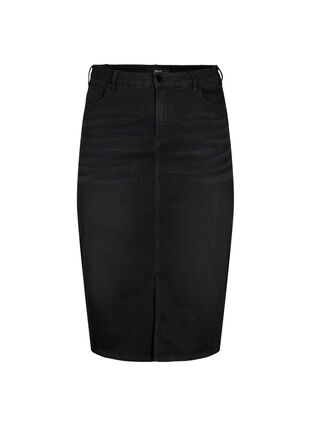 Knälång jeanskjol med slits, Black, Packshot image number 0