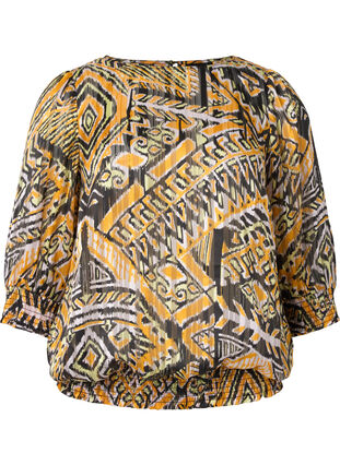 Mönstrad blus med smock och 3/4-ärmar, Yellow Aztec AOP, Packshot image number 0