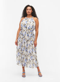 Plisserad maxiklänning med blommigt mönster, Blue Flower AOP, Model